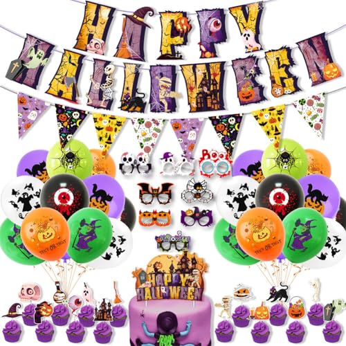 SYTTNUM 45 Stück Halloween Deko Set,Halloween Party Dekoration Set,Halloween Banner,Halloween Luftballons Kuchen Deko,Halloween Party Dekoration Für Wohnung Halloween Deko Mädchen Jungen von SYTTNUM