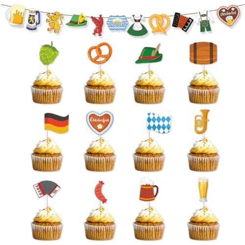 47 Stück Oktoberfest Deko Set,Oktoberfest Tortendeko,Bayrische Dekorieren,Oktoberfest Banner,Oktoberfest Deko Cake Toppers Party Zubehör für deutsches Oktoberfest Party Dekorationszubehör von SYTTNUM