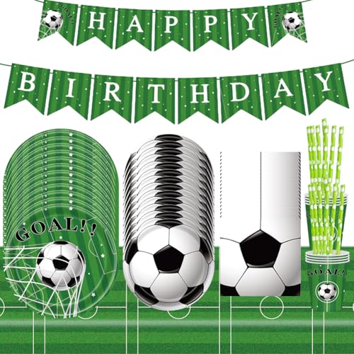 86 Pcs Fussball Geburtstag Pappteller Party Deko Set,Fußball Party Cutlery,Fußball Essteller,Servietten,Tischdecken,Football Geburtstag Banner,für Sport Thema Kindergeburtstagsparty Zubehör (A) von SYTTNUM