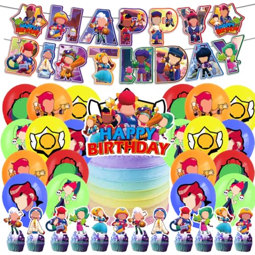 SYTTNUM 34 pcs Brawl Kindergeburtstag Party Deko, Cartoon Geburtstag Party Dekoration - Kuchen Topper Cupcake Topper Luftballons Banner Brawl Party Zubehör für Kinder Geburtstag von SYTTNUM