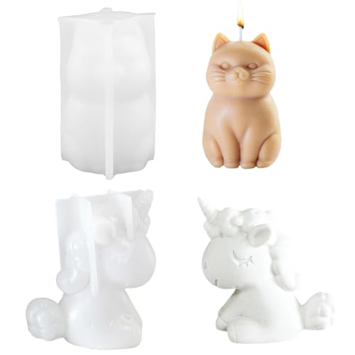 Silikonform Kerzengießform Katze,2 Stück Silikonform Tier Set Silikonform Einhorn 3D Katze Epoxidharz Formen Silikon Silicon Mold Einhorn Für Tortendeko Schokolade Seife Gips Handwerk von SYTTNUM