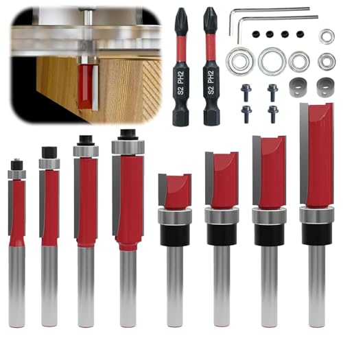 27 Stück 8mm Schaft Bündigfräser-Set, mit Schlagmagnet-Bits, Lager, Schraubenschlüssel, 8mm Schaftfräser, Holzbearbeitungswerkzeuge, Hartmetall-Holzbearbeitungsfräser-Sets von SZBYH