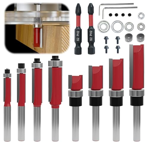 27 Stück 8mm Schaft Bündigfräser-Set, mit Schlagmagnet-Bits, Lager, Schraubenschlüssel, 8mm Schaftfräser, Holzbearbeitungswerkzeuge, Hartmetall-Holzbearbeitungsfräser-Sets von SZBYH