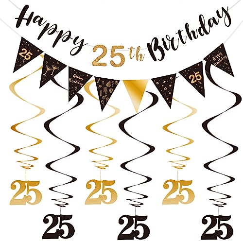 25 Geburtstag Dekoration Kit für Männer Frauen, Happy 25th Birthday Banner Wimpelkette Wirbel Luftschlangen, Dreieck Flagge Banner für Geburtstag Party Dekorationen Supplies Schwarz und Gold 25 von SZHUIHER