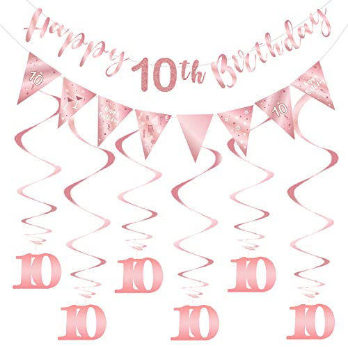 SZHUIHER 10 Geburtstag Dekoration Kit für Mädchen, Happy 10th Birthday Banner Wimpelkette Wirbel Luftschlangen, Dreieck Flagge Banner für Geburtstag Party Dekorationen Supplies Roségold 10 von SZHUIHER