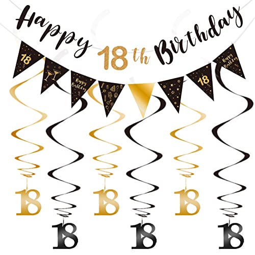 SZHUIHER 18th Birthday Decoration Kit, Happy 18th Birthday Banner Bunting Swirls Streamers, Triangle Flag Banner for Birthday Party Decorations Supplies Black and Gold 18 von SZHUIHER