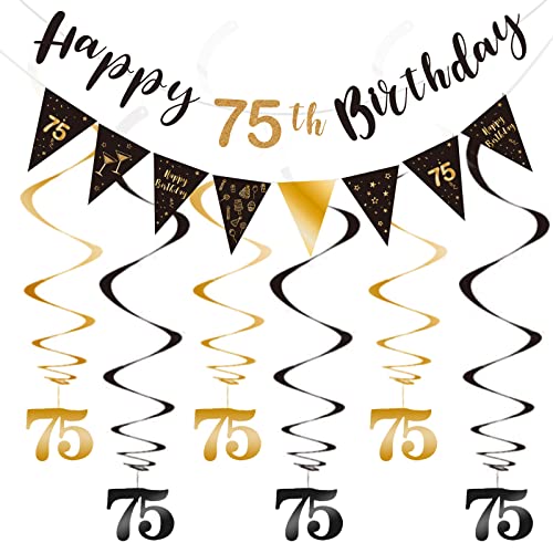 SZHUIHER 75th Birthday Decoration Kit, Happy 75th Birthday Banner Bunting Swirls Streamers, Triangle Flag Banner for Birthday Party Decorations Supplies Black and Gold 75 von SZHUIHER