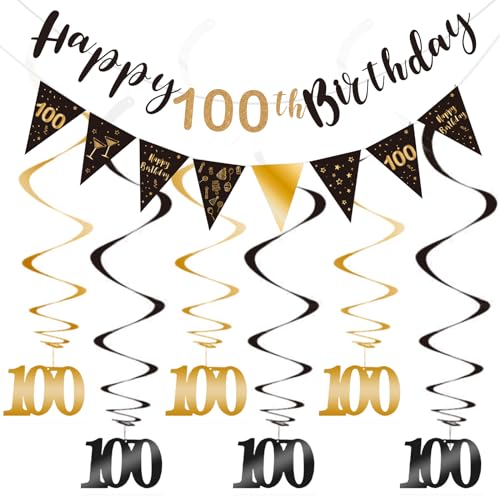 Szhuiher 100th Birthday Decoration Kit, Happy 100th Birthday Banner Bunting Swirls Streamers, Triangle Flag Banner for Birthday Party Decorations Supplies Black and Gold 100th von SZHUIHER