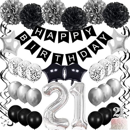 Szhuiher 21st Geburtstag Dekorationen Schwarz und Silber, Happy Birthday Banner mit Ballons Tissue Pompoms hängende Wirbel, 21st Geburtstag Zubehör von SZHUIHER