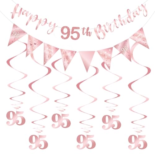 Szhuiher 95 Geburtstag Dekoration Kit, Happy 95th Birthday Banner Wimpelkette Wirbel Luftschlangen, Dreieck Flagge Banner für Geburtstag Party Dekorationen Supplies Roségold 95 von SZHUIHER