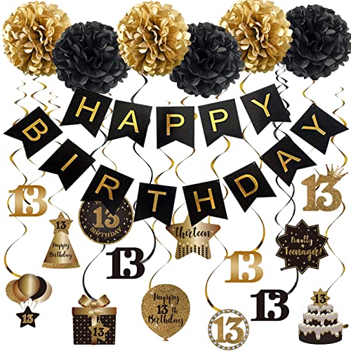 Szhuiher Happy 13 Birthday Hanging Strudel Streamer Deko, Happy Birthday Banner mit Tissueppoms, Schwarz und Gold 13 Jahre alt Geburtstagsfeier hängende Hintergrunddekorationen von SZHUIHER