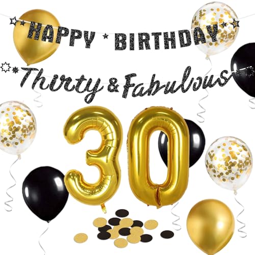 Szhuiher Schwarz und Gold 30th Geburtstag Dekorationen für Männer Frauen, Happy 30 Fabulous Geburtstag Banner, Nummer 30 Folie Ballon, 30 Jahre alte Geburtstag Party Dekorationen Zubehör von SZHUIHER