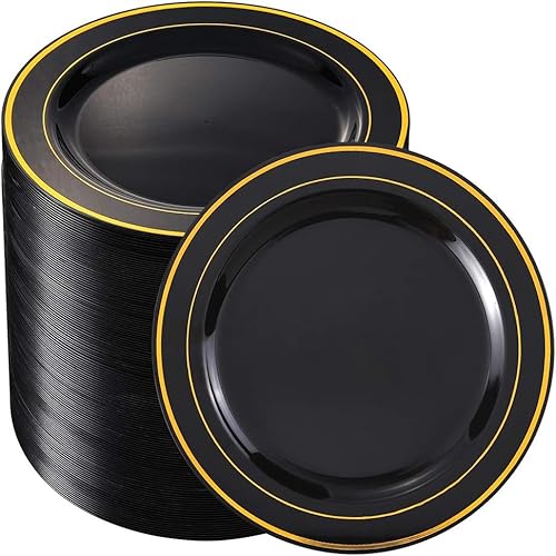 20 Stück wiederverwendbare weiß/schwarze Plastikteller-19cm/26cm Hochleistungs-Plastik-Partyteller,elegante,haltbare Dessert-/Abendessertteller,ideal für Hochzeiten und Partys (Schwarz gold,19cm) von SZHXVIVISY