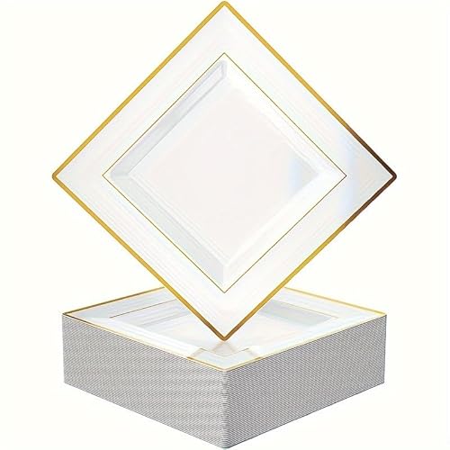 SZHXVIVISY 6,5"/9,5" wiederverwendbare quadratische Kunststoffteller, weiße Partyteller, Hartplastikteller, Kunststoff-Speiseteller, Dessert-Vorspeisenteller für Party, Hochzeit (Gold, 9.5) von SZHXVIVISY