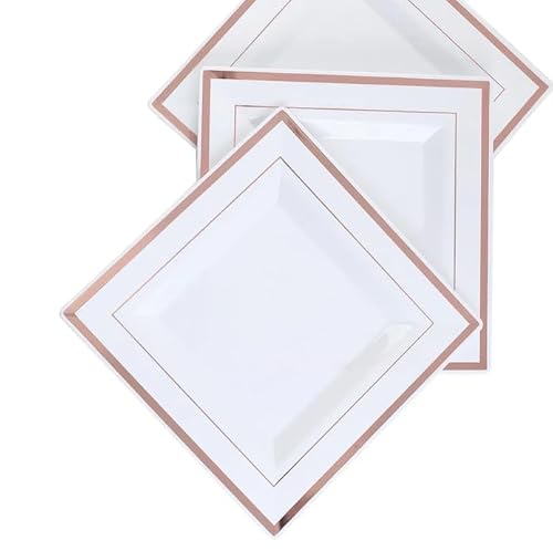 SZHXVIVISY 6,5"/9,5" wiederverwendbare quadratische Kunststoffteller, weiße Partyteller, Hartplastikteller, Kunststoff-Speiseteller, Dessert-Vorspeisenteller für Party, Hochzeit (Roségold, 9.5) von SZHXVIVISY