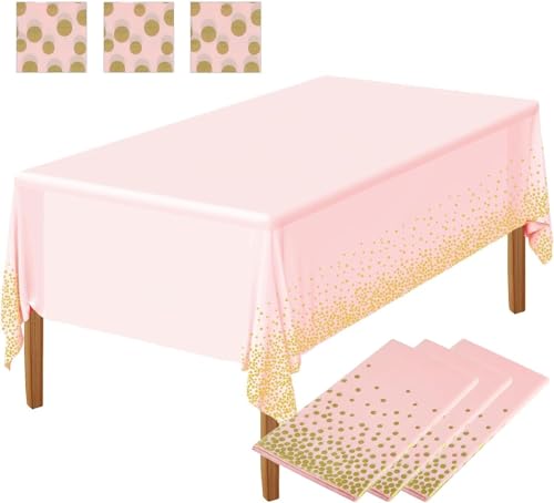 Tischdecke Einweg, 3 Stück Wasserdicht Geburtstag Tischdecken, Rechteckig Tischtuch Geeignet für Party, Kindergeburtstag, Hochzeit, Weihnachten,Rosa & Gold, 137 x 274 cm von SZKKQKJ