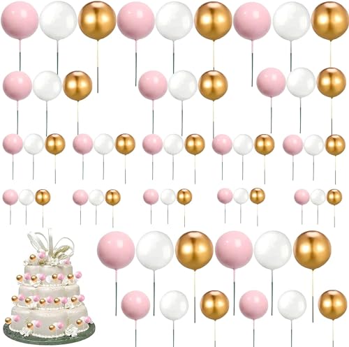 Tortendeko Kugeln, cake decoration,60 Stück Kuchen Dekoration Kugel, Schaumkugeln Cupcake Topper, DIY Kuchen Topper, 1 Set mit 3 Farben und 4 Größen, für Geburtstag Hochzeit Bedarf Deko(Rosa) von SZKKQKJ