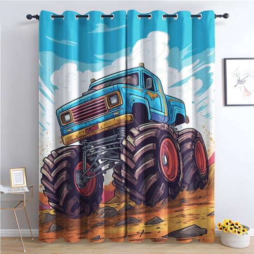 Monster Truck Vorhänge, Verdunklungsvorhänge mit Muster Kinder Jungen Cartoon, Vorhang Blickdicht mit Ösen, Gardinen für Wohnzimmer Schlafzimmer Kinderzimmer Deko 2er Set - 137x117 (H X B) (Wn-&10) von SZLYZM