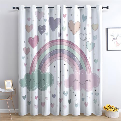 Regenbogen Wolken Vorhänge, Verdunklungsvorhänge mit Muster Kinder Mädchen, Vorhang Blickdicht mit Ösen, Gardinen für Wohnzimmer Schlafzimmer Kinderzimmer Deko 2er Set - 137x117 (H X B) (Gc-&378) von SZLYZM