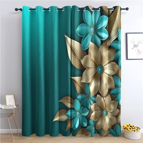 SZLYZM Vorhänge Blumen, Verdunkelungsvorhang 2er Set - Vorhang Blickdicht Türkis Gold Muster, Thermovorhang für Deko Wohnzimmer Schlafzimmer Kinderzimmer, Gardinen mit Ösen 160x132 cm (HxB) (QU-&227) von SZLYZM