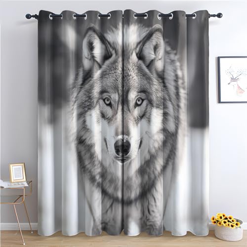 SZLYZM Vorhänge Wolf, Verdunkelungsvorhang 2er Set - Vorhang Blickdicht Tiere Muster, Thermovorhang für Deko Wohnzimmer Schlafzimmer Kinderzimmer, Gardinen mit Ösen 200x140 cm (HxB) (Wx-&181) von SZLYZM