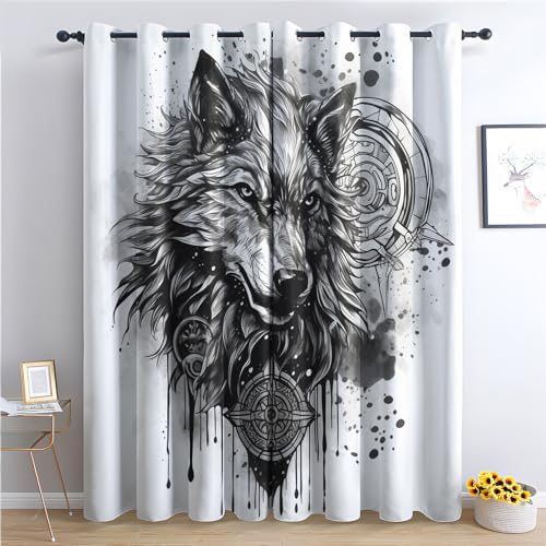 SZLYZM Vorhänge Wolf, Verdunkelungsvorhang 2er Set - Vorhang Blickdicht Wikinger Muster, Thermovorhang für Deko Wohnzimmer Schlafzimmer Kinderzimmer, Gardinen mit Ösen 137x117 cm (HxB) (W8-&38) von SZLYZM