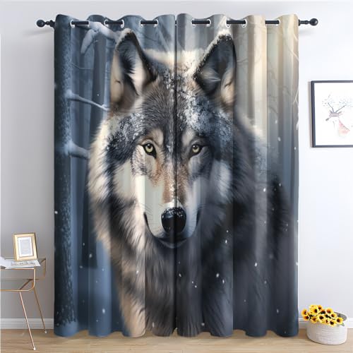 SZLYZM Wolf Vorhänge, Verdunklungsvorhänge mit Muster Tiere, Vorhang Blickdicht mit Ösen, Gardinen für Wohnzimmer Schlafzimmer Kinderzimmer Deko 2er Set - 137x117 (H X B) (Q1-&170) von SZLYZM