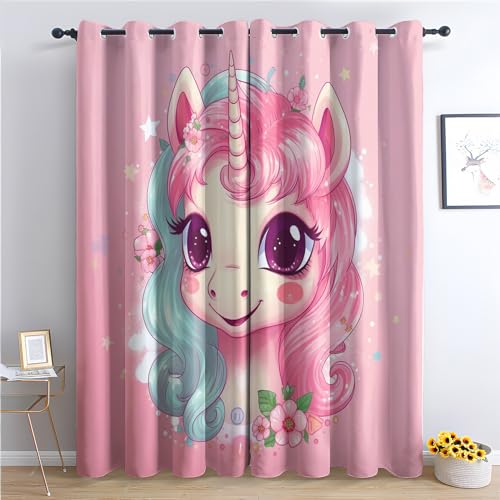 Vorhänge Einhorn, Verdunkelungsvorhang 2er Set - Vorhang Blickdicht Mädchen Cartoon Muster, Thermovorhang für Deko Wohnzimmer Schlafzimmer Kinderzimmer, Gardinen mit Ösen 137x117 cm (HxB) (Qo-&18) von SZLYZM