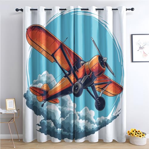 Vorhänge Flugzeug Kinder, Verdunkelungsvorhang 2er Set - Vorhang Blickdicht Jungen Mädchen Muster, Thermovorhang für Deko Wohnzimmer Schlafzimmer Kinderzimmer, Gardinen mit Ösen 160x132 cm (HxB) von SZLYZM