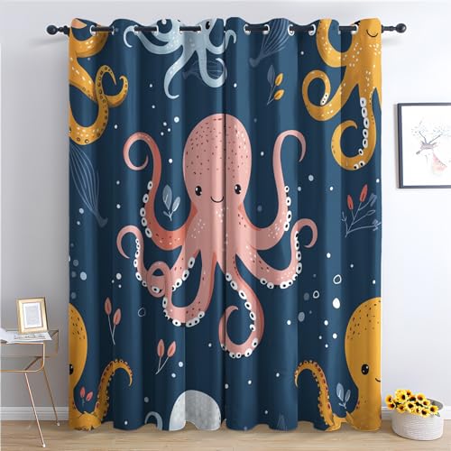 Vorhänge Kinder Mädchen Jungen, Verdunkelungsvorhang 2er Set - Vorhang Blickdicht Oktopus Cartoon Muster, Thermovorhang für Deko Wohnzimmer Schlafzimmer, Gardinen mit Ösen 175x140 cm (HxB) (WI-&388) von SZLYZM