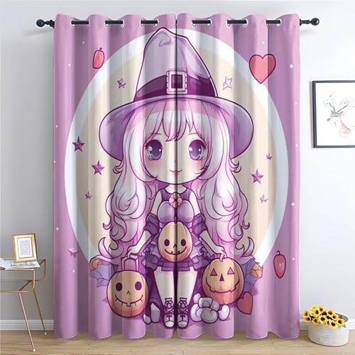 Vorhänge Mädchen, Verdunkelungsvorhang 2er Set - Vorhang Blickdicht Hexe Halloween Kürbis Muster, Thermovorhang für Deko Wohnzimmer Schlafzimmer Kinderzimmer, Gardinen mit Ösen 137x117 cm (HxB) von SZLYZM