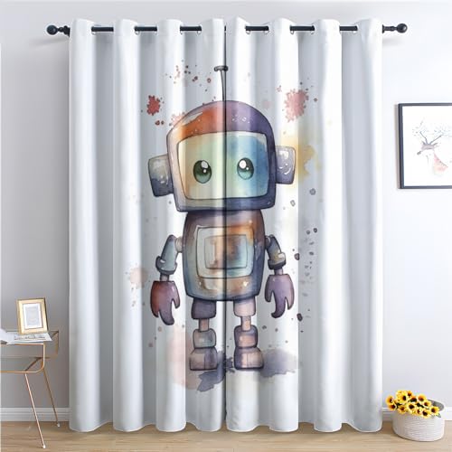 Vorhänge Roboter, Verdunkelungsvorhang 2er Set - Vorhang Blickdicht Kinder Jungen Mädchen Muster, Thermovorhang für Deko Wohnzimmer Schlafzimmer Kinderzimmer, Gardinen mit Ösen 137x117 cm (HxB) von SZLYZM