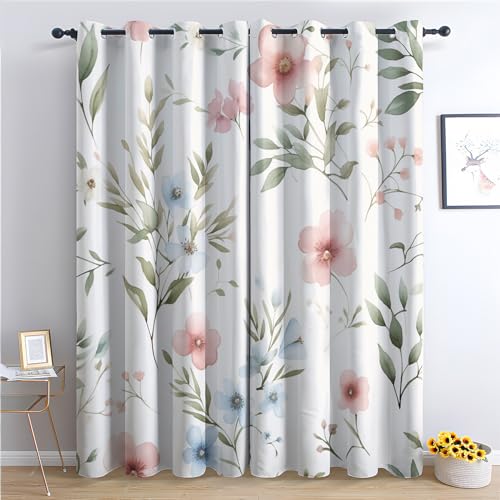 Vorhänge Rosa Blumen, Verdunkelungsvorhang 2er Set - Vorhang Blickdicht Grüne Blätter Muster, Thermovorhang für Deko Wohnzimmer Schlafzimmer Kinderzimmer, Gardinen mit Ösen 160x132 cm (HxB) (GC-&115) von SZLYZM