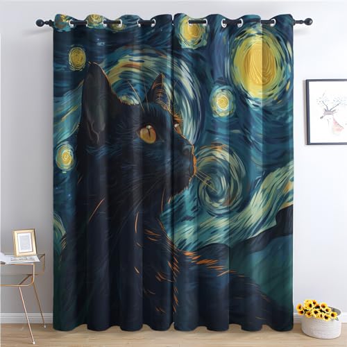 Vorhänge Schwarz Katzen, Verdunkelungsvorhang 2er Set - Vorhang Blickdicht Sternenhafte Nacht Muster, Thermovorhang für Deko Wohnzimmer Schlafzimmer Kinderzimmer, Gardinen mit Ösen 160x132 cm (HxB) von SZLYZM