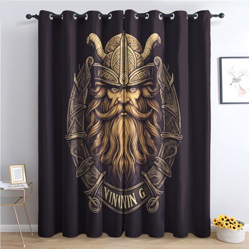 Vorhänge Wikinger Krieger, Verdunkelungsvorhang 2er Set - Vorhang Blickdicht Nordische Mythologie Muster, Thermovorhang für Deko Wohnzimmer Schlafzimmer Kinderzimmer, Gardinen mit Ösen 245x140 cm HxB von SZLYZM