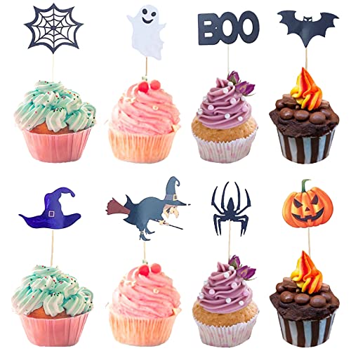 Halloween Cupcake Topper 48 Stück Kuchen Topper Halloween Tortendeko Halloween Halloween Kuchen Dekor Halloween Deko Für Kuchen Kürbis Fledermaus Geist Spinne für Halloween Cupcake Dekorationen von SZQIUNUBI