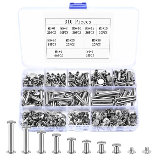 310 Stk Buchschrauben, M5 Chicago Schrauben Set, Binding Schrauben, Schraubnieten für Leder Nieten Set mit Hülsenschrauben, Doppelkappe Ledernieten Set, Hohlnieten Set für Basteln Leder Buch Gürtel von SZSLMY