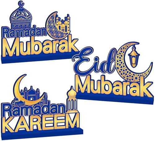 Ramadan-Tischdekorationen für Zuhause, 3 Stück, blau und gold, Eid-Mubarak-Dekorationen, muslimischer Mond-Stil, Ramadan-Mubarak-Tischaufsätze, Ramadan-Kareem-Holz-Tischaufsatz von SZTZPW