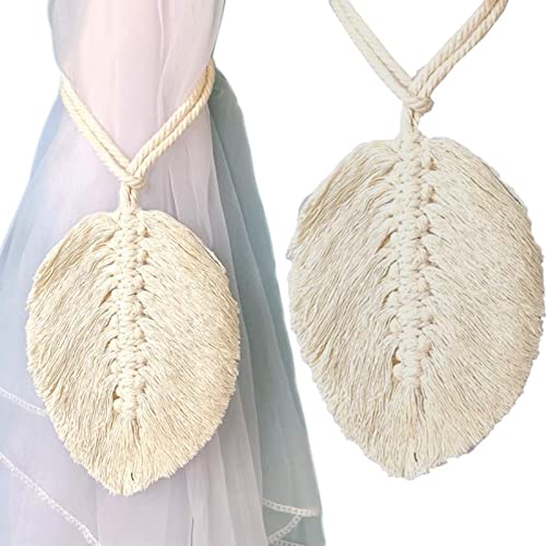 SZXMDKH 2 Stück Raffhalter Boho Vorhanghalter Blätter Baumwolle Makramee Gardinenhalter Vorhang Zugband Gardine Beige Baumwollseil Holdbacks Tiebacks Clips Feder Seilhalter (2 Stück), Weiß, 14.5*12CM von SZXMDKH