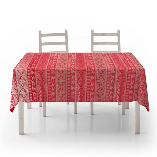 SaRani Tischdecke Tischtuch Teppich Tischabdeckung Weihnachtsmuster Rot Stickerei Laminiert (Rot, 160 x 160 cm) von SaRani