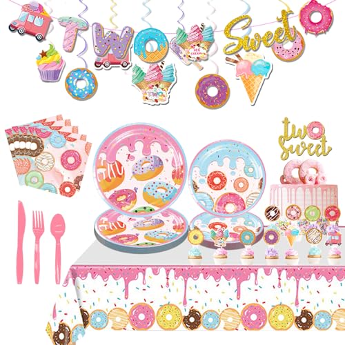 SaSbSc Two Sweet Birthday Party Supplies16-teiliges Geschirr-Set mit Donut-Tellern und Servietten, Donut-Tischdecke, Donut-Party-Dekorationen für Mädchen, 2. Geburtstag von SaSbSc