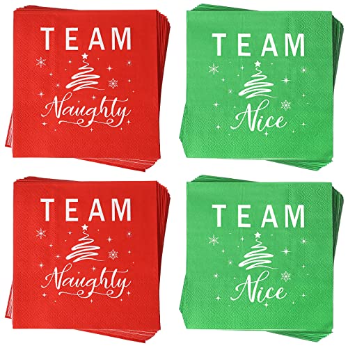 100 Stück Weihnachtsservietten Team Naughty and Team Nice Beverage Cocktail Servietten Rot und Grün Weihnachten Papierservietten Lustige Servietten Papierservietten für Weihnachten Dinner Party, von Sabary