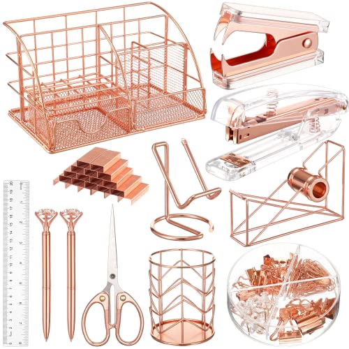 Roségoldenes Schreibtisch-Organizer und Hefter-Set inklusive Schreibtisch-Organizer, Handyhalter, Diamant-Stift, Stifthalter, Lineal, Schere, Hefter, Heftklammerentferner, Büroklammern, 12 Stück von Sabary