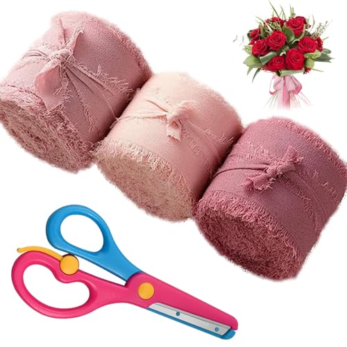 SacJkt Chiffonband, Geschenkband Breit, 3 Rollen Schleifenband Rosa Mit Kleiner Bastelschere, Seidenband für Hochzeitseinladungen und Brautsträuße (3cmx 5m pro Rolle) von SacJkt