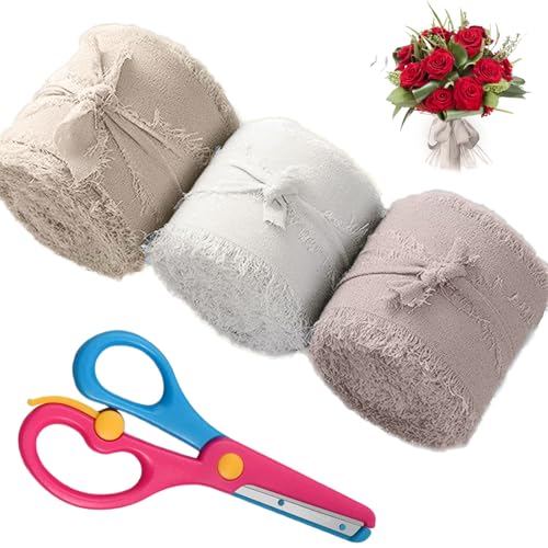 SacJkt Chiffonband, Schleifenband, Geschenkband Breit, 3 Rollen Geschenkband Set Mit Kleiner Bastelschere, Seidenband für Hochzeitseinladungen und Brautsträuße (Beige Serie) von SacJkt