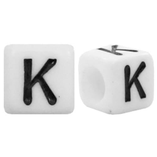 Sadingo Buchstabenperle 'K' | 6 x 6 mm - 90 Stück - Schwarz/Weiß, Perlen zum Fädeln, Kunststoffperlen, Buchstaben-Schmuck, Armbänder und Ketten selber Machen, Bastelperlen aus Acryl für Kinder von Sadingo