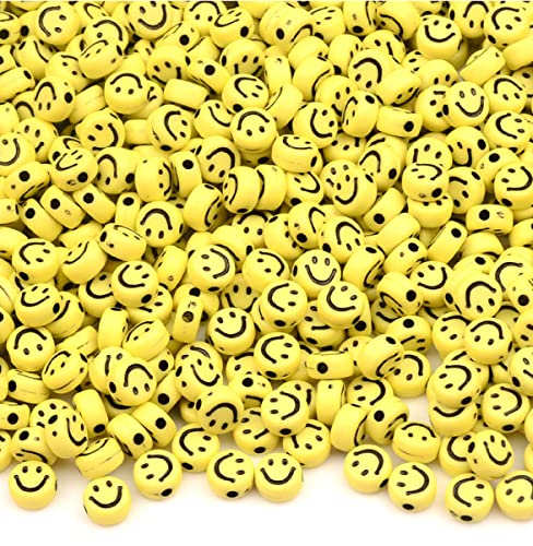 Sadingo Smiley-Perlen | 7 mm - 90 Stück, runde Perlen zum Auffädeln, Kunststoffperlen in Gelb, Fädelperlen, kleine Armband-Perlen, Bastelperlen, Schmuckperlen für DIY-Schmuck, Beads, Dekoperlen von Sadingo