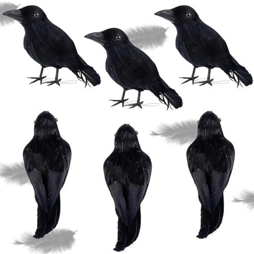 Sadodo 6 Stück Halloween Krähen Künstliche Gefiederte Krähen Realistische Rabe Raben Vögel Dekoration Schwarze Feder Krähe Vogel für Halloween Party Crow Requisiten Innen Außen Haus Garten Deko von Sadodo