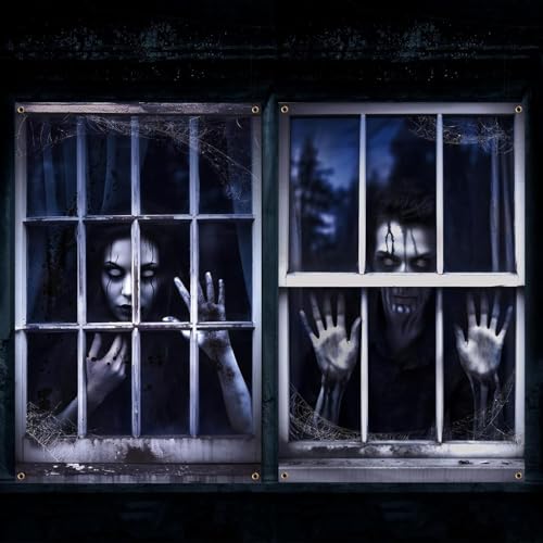 Saodo 2 Stück Halloween Deko innen,Halloween Garten Vorhang Fensterbilder Paare Dekoration,Horror Fensterdeko Fensterposter Fensterabdeckung Fenster Deko für Party Zubehör 120 * 80cm (Geisterpaar) von Sadodo