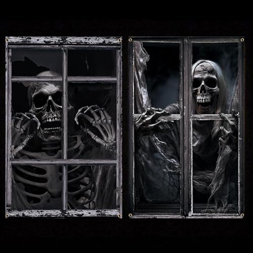 Saodo 2 Stück Halloween Deko innen,Halloween Garten Vorhang Fensterbilder Paare Dekoration,Horror Fensterdeko Fensterposter Fensterabdeckung Fenster Deko für Party Zubehör 120 * 80cm (Skelettpaar) von Sadodo